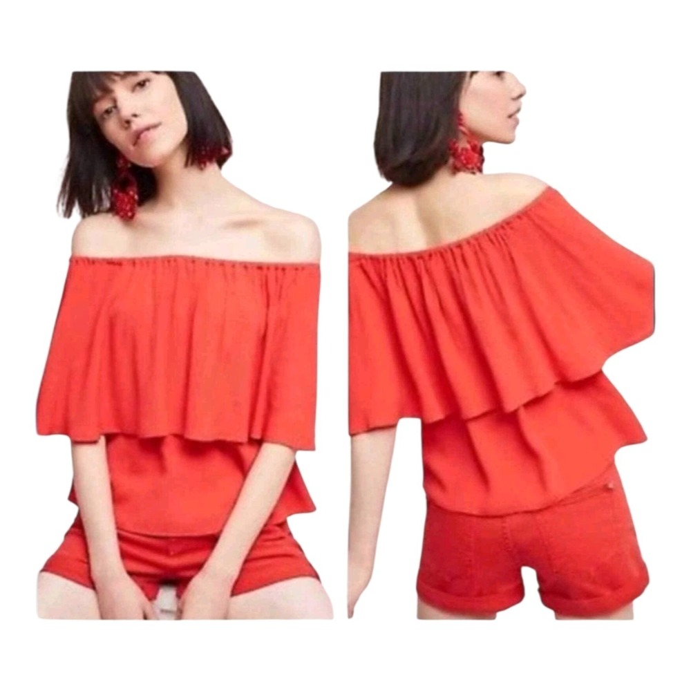 Anthropologie Holding Horses Women's M Petite Off  Shoulder Red Tiered Maya Top